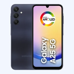 Smartphone Samsung Galaxy A25 5G azul visto de frente mostrando a tela