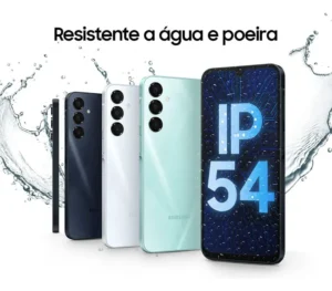 Smartphone Samsung Galaxy A16 5G visto de frente, com tela grande ligada